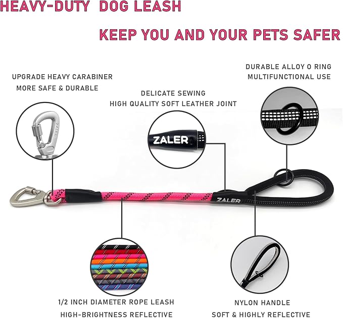 ZALER Short Dog Leash, 18 Inches Rope Traffic Leashes for Dogs, Reflective Dog Lead with O-Ring, Heavy Duty Pet Leash for Large and Medium Dogs (18'' Pink)