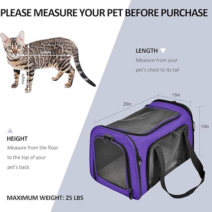 Large Cat Carriers Dog Carrier Pet Carrier for Large Cats Dogs Puppies up to 25Lbs, Big Dog Carrier Soft Sided, Collapsible Travel Puppy Carrier - Large - Purple