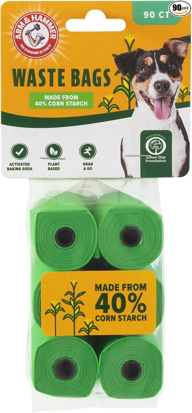 Arm & Hammer Durable Disposable Dog And Cat Waste Bags With Activated Baking Soda, 90 Dog Poop Bags, Plant-Based 9 x 14 Inches