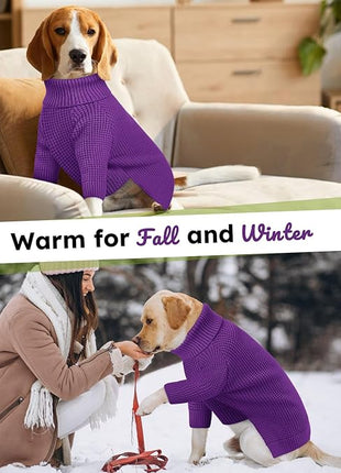 Queenmore XXL Dog Sweater, Large Dog Sweaters for Male Dogs, Turtleneck Plaid Kintsweaters for Large Breeds, Cold Weather Pullover Pet Clothes, Purple 2XL