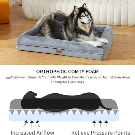 Large Orthopedic Dog Bed, Waterproof Dog Bed with 4-Sides Removable Bolster, Washable Pet Bed with Non-Slip Bottom Big Pet Couch Sofa with Removable Cover, Dark Grey