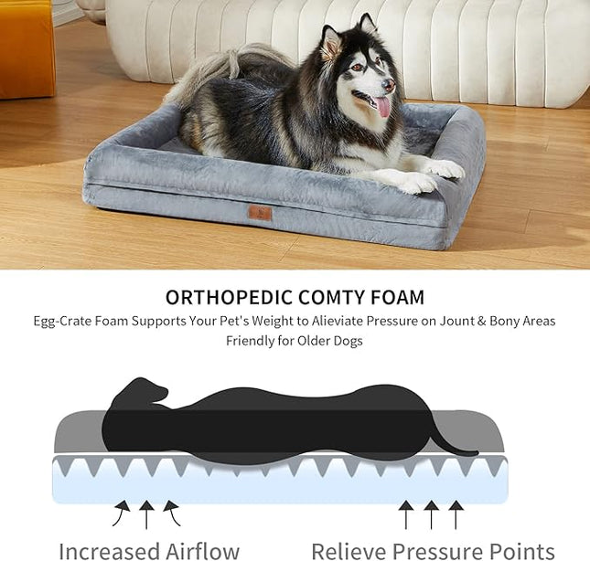 Large Orthopedic Dog Bed, Waterproof Dog Bed with 4-Sides Removable Bolster, Washable Pet Bed with Non-Slip Bottom Big Pet Couch Sofa with Removable Cover, Dark Grey