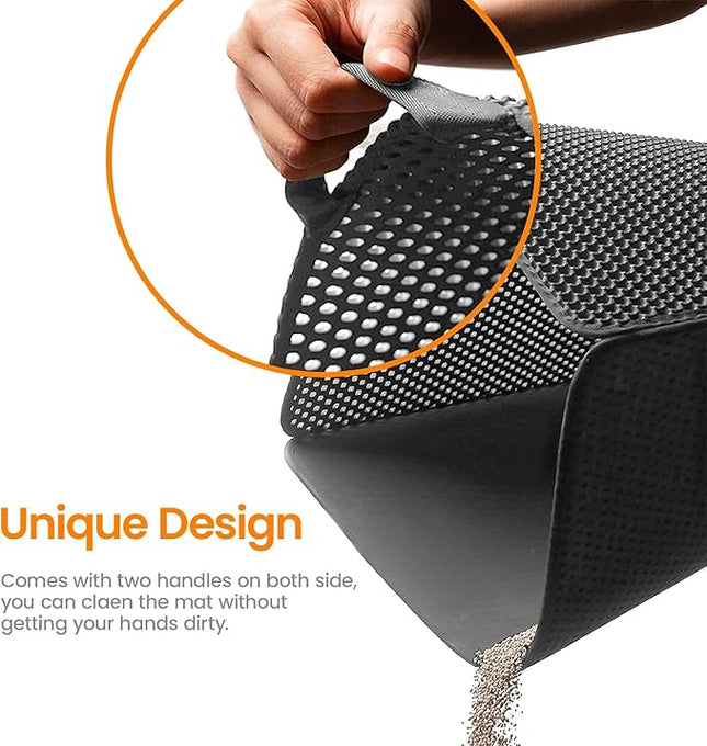 Cat Litter Mat-30"X24" Large Litter Box Mat for Kitty, EVA Honeycomb Double Layer Design, Urine & Waterproof with Unique Handle, Less Waste, Easier To Clean,Non Slip, Gray