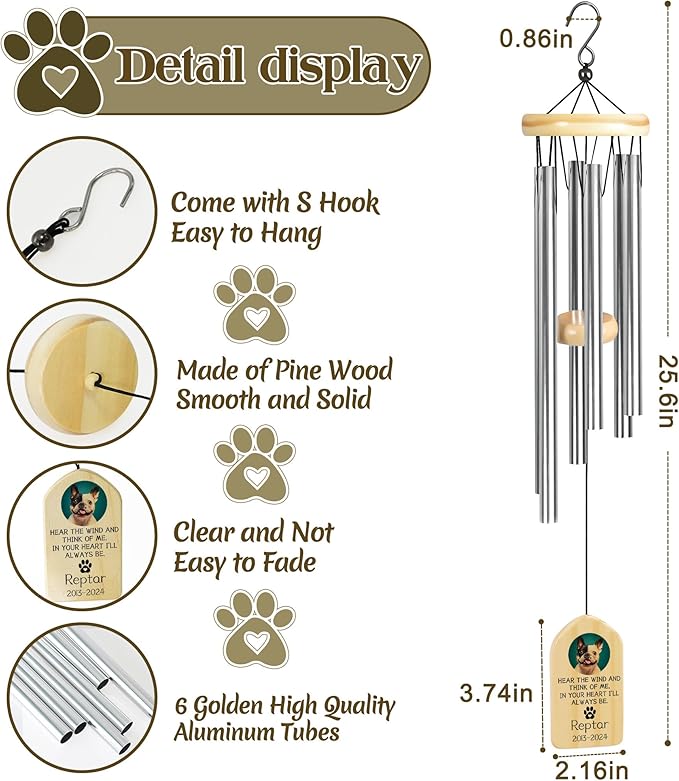 Pet Memorial Gifts, Personalized Pet Memorial Wind Chimes, Pet Loss Gifts, Dog Memorial Gifts for Loss of Dog, Pet Loss Sympathy Gift, Pet Remembrance Gift, in Memory of Pet - Heart I'll Always Be