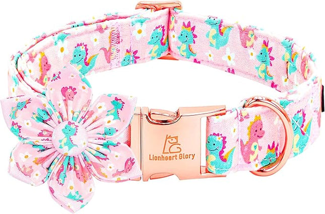 Lionheart glory Dog Collar with Flower Dinosaurs Print Collars for Medium Dogs, Spring Summer Cute Duty Adjustable Dog Flowers Collar Puppy Collars Bows Pet Gift