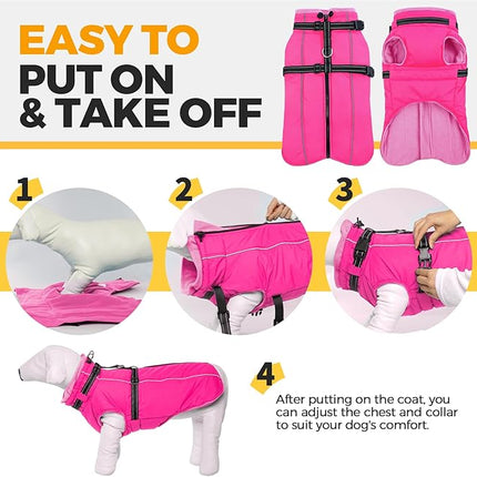 Lelepet Dog Winter Coat Waterproof Dog Jacket with Harness Built in Windproof Reflective Pet Coats for Small Medium Large Dogs, Thermal Fleece Lined Coats for Cold Weather Walking Hiking, Pug, M