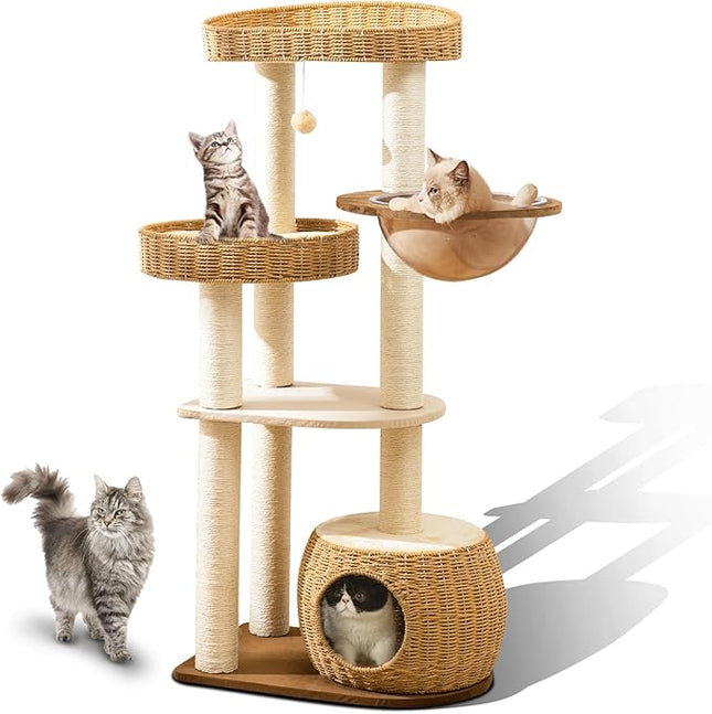 Big Cat Tree for Large Cats - Multi-Cat Tower with Natural Sisal & Handwoven Basket, Extra Sturdy Base, Breathable Perch - Rustic Wood Style Cat Furniture for Indoor Cats