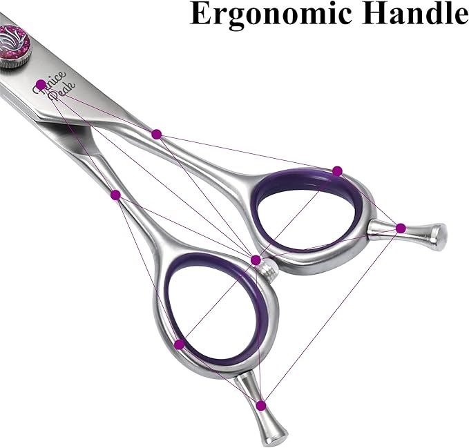 Fenice Peak 7'' Straight Dog Grooming Scissors with Purple Finger Rings and Flashing Screw Professional 440C Stainless Steel Natural Color Pet Trimming Shears with Offset Handle Durable and Sharp