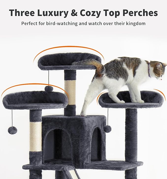 Made4Pets Tall Cat Tree, 80" Cat Tree Tower for Indoor Cats Large Adult, Modern Cat Tower with Scratching Post, Cozy Hammock, 3 Perches and 2 Condos, Sturdy and Fluffy, Dark Gray