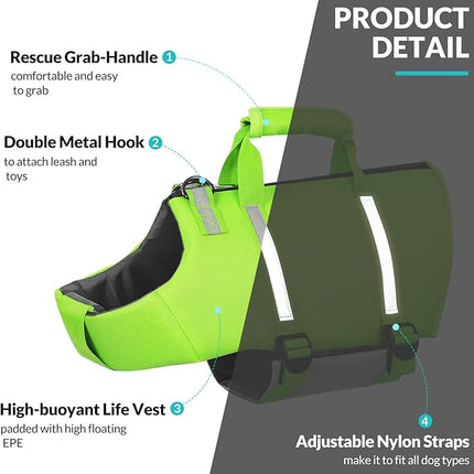 Queenmore Dog Swim Vest - Lightweight Adjustable Reflective Puppy Pet Float Life Preserver with Back Zip, Rescue Handle, Metal Hook (Green XXL)