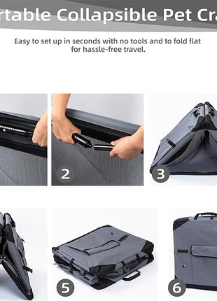 Pettycare 26 Inch Collapsible Dog Crate with Curtains Travel Dog Crate for Airflow and Calm Soft Pet Kennel with Portable Bag and More Chew Proof Mesh Indoor & Outdoor Grey 4 Door Curtains