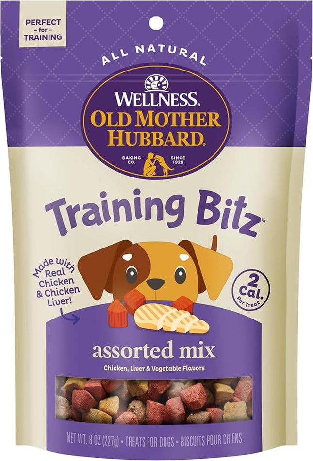 Old Mother Hubbard Wellness Training Bitz Assorted Mix Dog Biscuits, Natural, Training Treats, Three Flavors, Small Size, (8 Ounce Bag)