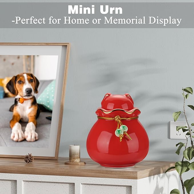 SOITIS Engraving Customized Pet Memorial Urn for Cat or Dog Ashes - 3.54"x3.15" Elegant Ceramic Keepsake Holder with Cat-Shaped Lid & Gold Trim, Small Red Urn for Pet Ashes