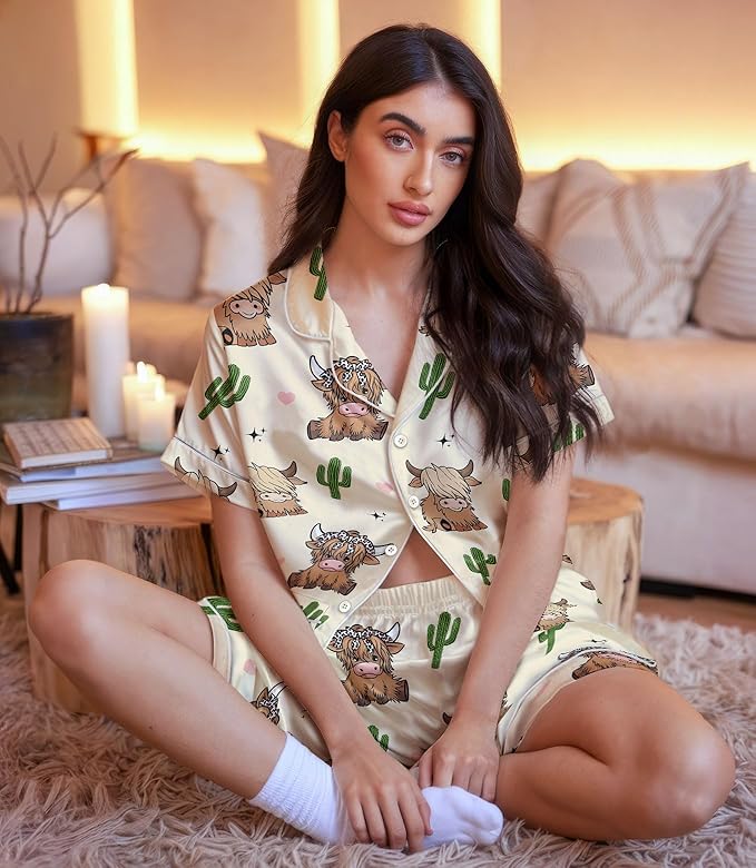 Women’s Silk Satin Pajama Set, Short Sleeve Button Down 2 Piece PJs with Shorts, Cozy Loungewear & Matching Holiday Pajamas