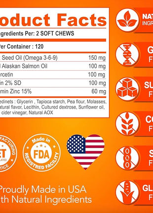 Omega 3 for Dogs - Skin and Coat Supplement - Fish Oil for Dogs Chews - Allergy and Itch Relief - Anti Shedding Supplement - Dry Skin Treatment - Salmon Oil - Made in USA - 120 Soft Treats