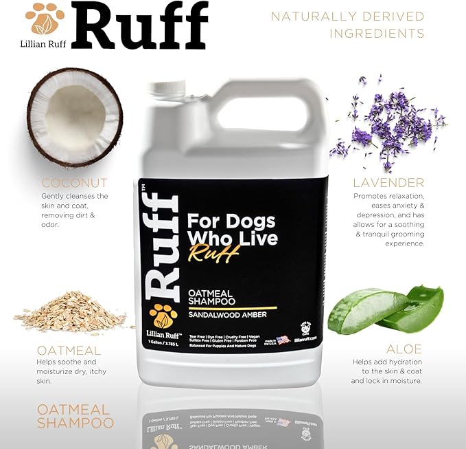 Ruff by Lillian Ruff Oatmeal Dog Shampoo Sandalwood Amber – Moisturizing Pet Shampoo with Aloe & Coconut Oil – Relieves Itching, Hot Spots & Odor – Puppy Safe – Made in USA (Gallon)