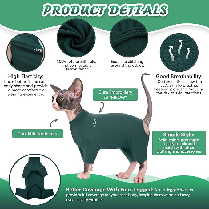 ROZKITCH Hairless Cat Clothes, Breathable Soft Jumpers for Cats Only, Coat with Four Legs, Warm Sweater T-Shirt Pajamas Jumpsuit Vest Cornish Rex Devon Rex Peterbald DarkGreen XL