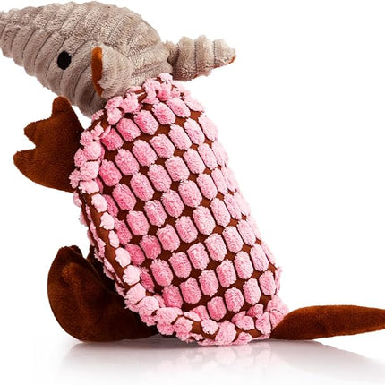 Hollypet Plush Dog Squeaky Toy Stuffed Armadillo Animal Pet Puppy Chew Toys with Clean Teeth for Small Medium Large All Breed Sizes Dogs, Pink, 8 in