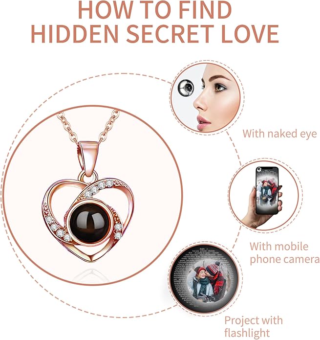 Easycosy Personalized Picture Necklace Projection Necklace with Photo Inside - Custom Photo Heart Pendant Necklace - Photo Gifts Valentines Birthday Love Memorial Gifts for Girlfriend Wife Women