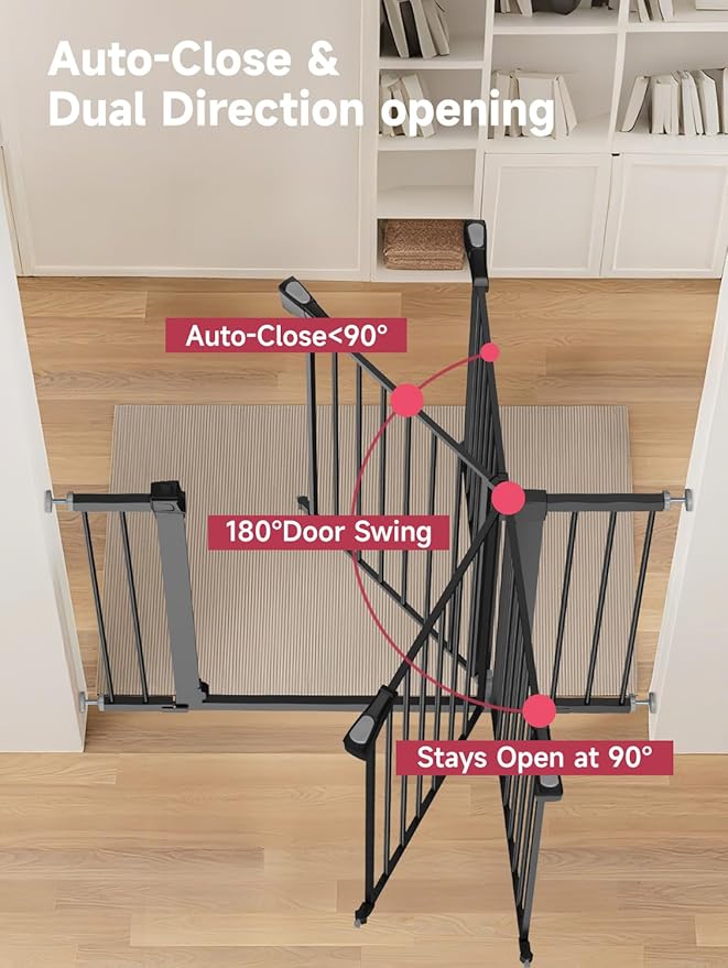 36.2" Extra Tall Baby Gate for Stairs, 29.5-46" Wide Dog Gate for Doorways, Walk Thru Auto Close Metal Child Gate for The House, Stairs and Doorways, Pet Gate Pressure Mounted Dog Gate Indoor (Black)