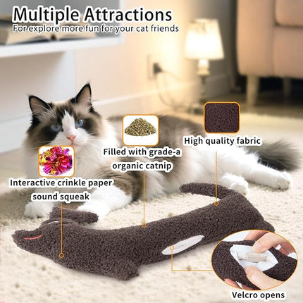 Refillable Catnip Toy for Indoor Cats Kitten, Natural Catnip & Silvervine Safe Teeth Cleaning Kitty Kicker Toy 15In, Crinkle Sound Interactive Cat Nip Chew Toys, Brown