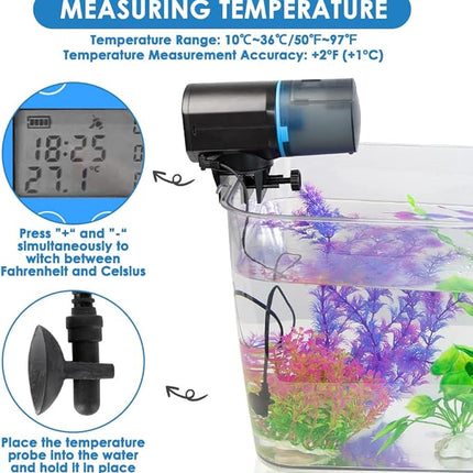 Lukovee Automatic Fish Feeder, Feeding Time Display USB Rechargeable Timer Moisture-Proof Aquarium or Fish Tank Food Dispenser with 200ML Large Capacity with Temperature Measure Function, Blue
