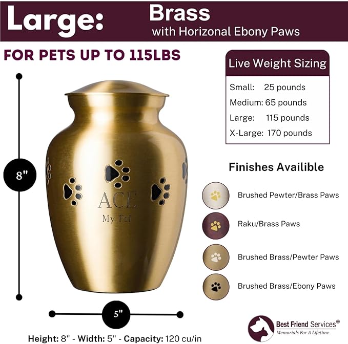 Ottillie Paws Elite Series Personalized Pet Urn for Dogs and Cats - Pet Memorial Urns with Custom Engraving (Brass, Horizontal, Ebony, Large)