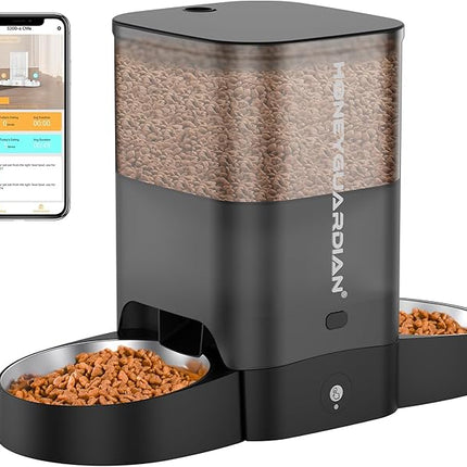 HoneyGuaridan Automatic Cat Feeder for Two Cats, 5G WiFi Smart Feed Pet Feeder with Stainless Steel Bowl,APP Control Dispenser, Dual Power Supply,Desiccant Bag,10s Meal Call Black