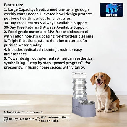 RIZZARI Large Water Dispenser for Dogs: 8L Gravity Gray Automatic Stainless Steel Waterer with Specialized Brush and Triple Filter - Raised Pet Feeder for Senior Dogs with Joint Pain in Bedroom Garden