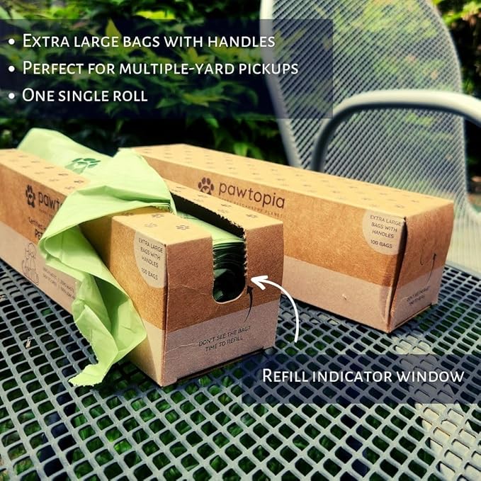 Pet Waste Bag Duo - 120 Standard Sized-Dog Poop Bags (8 rolls) + 100 Extra Large Cat Litter Bag with Handles (1 single roll), Vegetable Starches, Tuv Austria, Leak-Proof, Yard Pickup