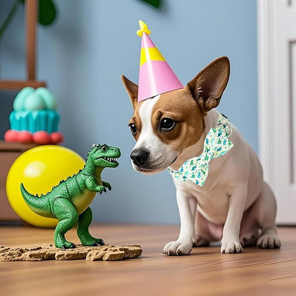 Lionet Paws Dinosaur Dog Collar with Bowtie, Cute Summer Beige Dog Collar for Girl for Large Dogs, Adjustable Cotton Pet Collars for Large Dogs