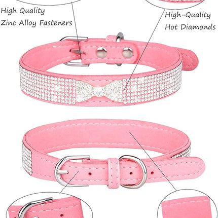Dog Collar for Small Dogs, Adjustable Leather Suede Bling Dog Collars，Pink Dog Collar Cat Collar, Rhinestone Dog Collar (L, pink4)