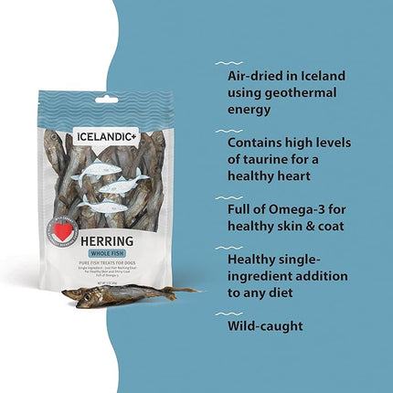 Icelandic+ Whole Fish Herring - 3oz Bag - Dog Treats, Pure Wild-Caught & Air-Dried, Single Ingredient Snack, Pet Chew, Just The Fish Nothing Else