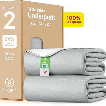 IMPROVIA® Washable Underpads 34" x 52" Pack of 2 Heavy Absorbency Reusable Bedwetting Incontinence Pads for Adults, Kids, & Pets - Waterproof Protective Pad for Bed, Couch, Sofa, Floor (Gray & White)