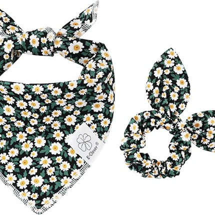 E-Clover Dog Bandanas & Matching Scrunchie Set Girl Dog Scarf Bibs with Bow Scrunchie for Medium Large Dogs Pet Owner Gifts Flower Black