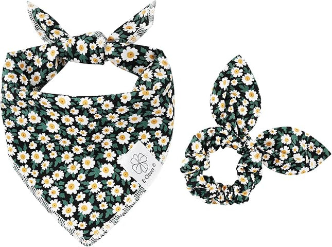 E-Clover Dog Bandanas & Matching Scrunchie Set Girl Dog Scarf Bibs with Bow Scrunchie for Medium Large Dogs Pet Owner Gifts Flower Black