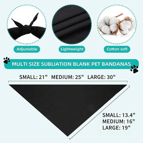 Blank Dog Bandanas Medium-3PCS, DIY Solid Black Triangle Scarf Premium Cotton Handkerchief or Bib, Personalized Design Birthday/Party Fun Idea Gift for Large Medium Pets