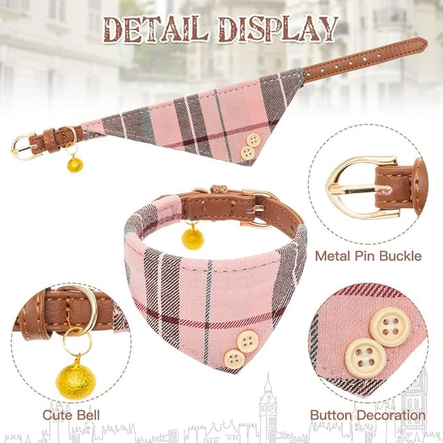 EXPAWLORER Dog Collar and Leash Set - Classic Plaid Dog Bow Tie and Dog Bandana Collar with Bell, Dog Leash Tangle Free, Adjustable Collars for Small Medium Large Dogs Cats, Holiday Ideal Gift