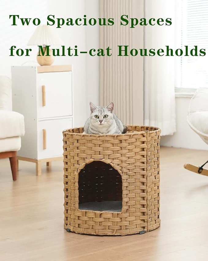 Cat House for Indoor Cat, Large Double Cat Houses Cat Bed Cave, Handwoven Rattan Pet Beds with One Soft Pad, 17 x 17 x 17 Inches Foldable Kitten Hideaway in Living Room Natural