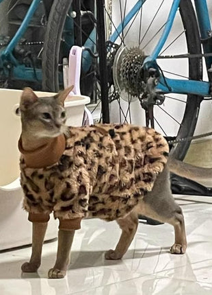 Cat Leopard Double-Sided Fleece Pullover, Soft Warm Clothes for Hairless Sphynx, Devon & All Indoor Kittens in Winter (Leopard,XL)