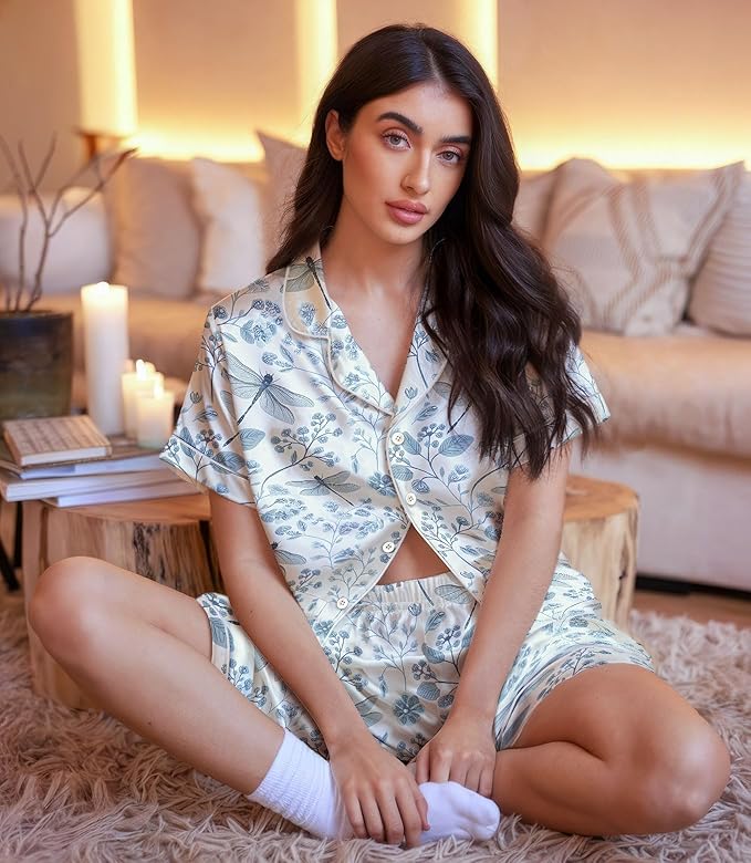 Women’s Silk Satin Pajama Set, Short Sleeve Button Down 2 Piece PJs with Shorts, Cozy Loungewear & Matching Holiday Pajamas