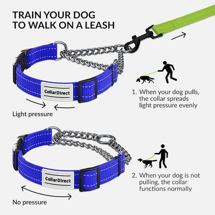 CollarDirect Martingale Dog Collar with Stainless Steel Chain and Quick Release Buckle - Reflective Collar for Large, Medium, Small Dogs - Blue, Small (Neck Size 12"-15")