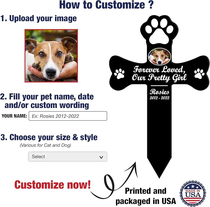 Personalized Pet Memorial Garden Stake Dog Paw Photo Grave Marker Cross Outdoor for Loss of Dogs and Cats Pet Remembrance Gifts Custom Plaque Stake Grief Funeral In Loving Memory Animal Cross