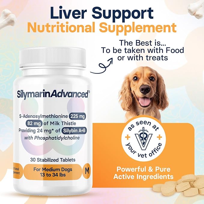 Liver Health Supplement for Medium Dogs - Milk Thistle for Dogs Liver Support with S-Adenosylmethionine (Same) & Silybin - 30 Tablets
