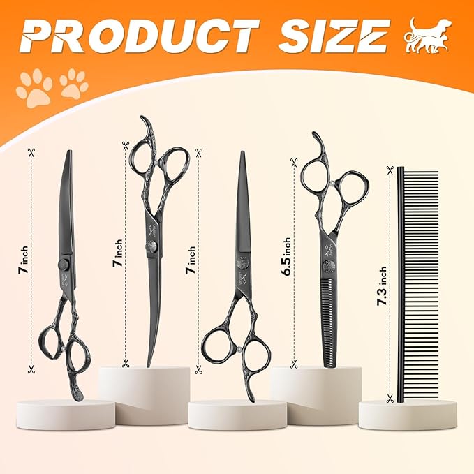 JASON Professional Dog Grooming Scissors Set - 6 in 1 Dog Shears Kit with 6.5" Thinning, 7" Straight, 7" Up-Curved, 7" Down-Curved Shears and Comb for Cat and Pet, Adjustable Screw (Black)