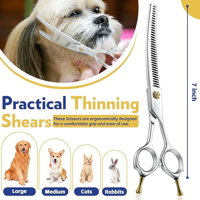 JASON Dog Shears for Grooming - 7" Up-curved Thinning Scissors with 55%-60% Thinning Rate, Japanese 440C Stainless Steel Dog Grooming Blenders with Adjustable Screw (35 Teeth, Silver)