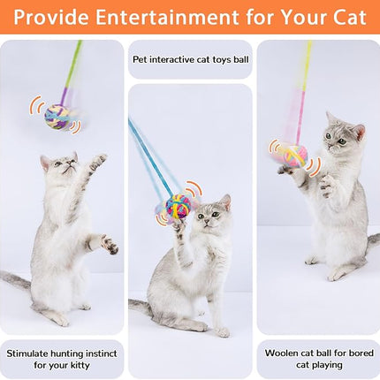 Retro Shaw Cat Toys Balls, 6Pcs Woolen Yarn Cat Ball Toy with Bell Inside, Interactive Kitten Toys for Indoor Cats Kitty, Chew Toys Jingle Pompom Ball with String