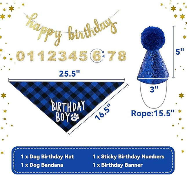 LESYPET Dog Birthday Party Supplies, Dog Birthday Hat with Bandana, and Banner, Cat Decorations Set for Party, Blue