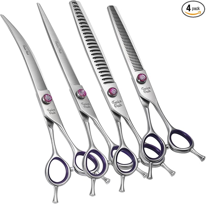 Fenice Peak 7'' Dog Grooming Scissors Set 4PCS Straight Curved Thinning Chunker Shears with Purple Finger Rings and Flashing Screw 440C Stainless Steel Natural Color Trimming Shears Durable and Sharp