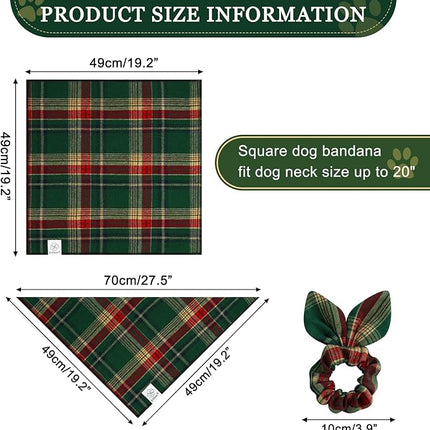 E-Clover Christmas Cute Dog Bandanas Plaid Dog Bandana Matching Scrunchie Pet Kerchief Scarf for Medium Large Dogs Boy Girl Green Red